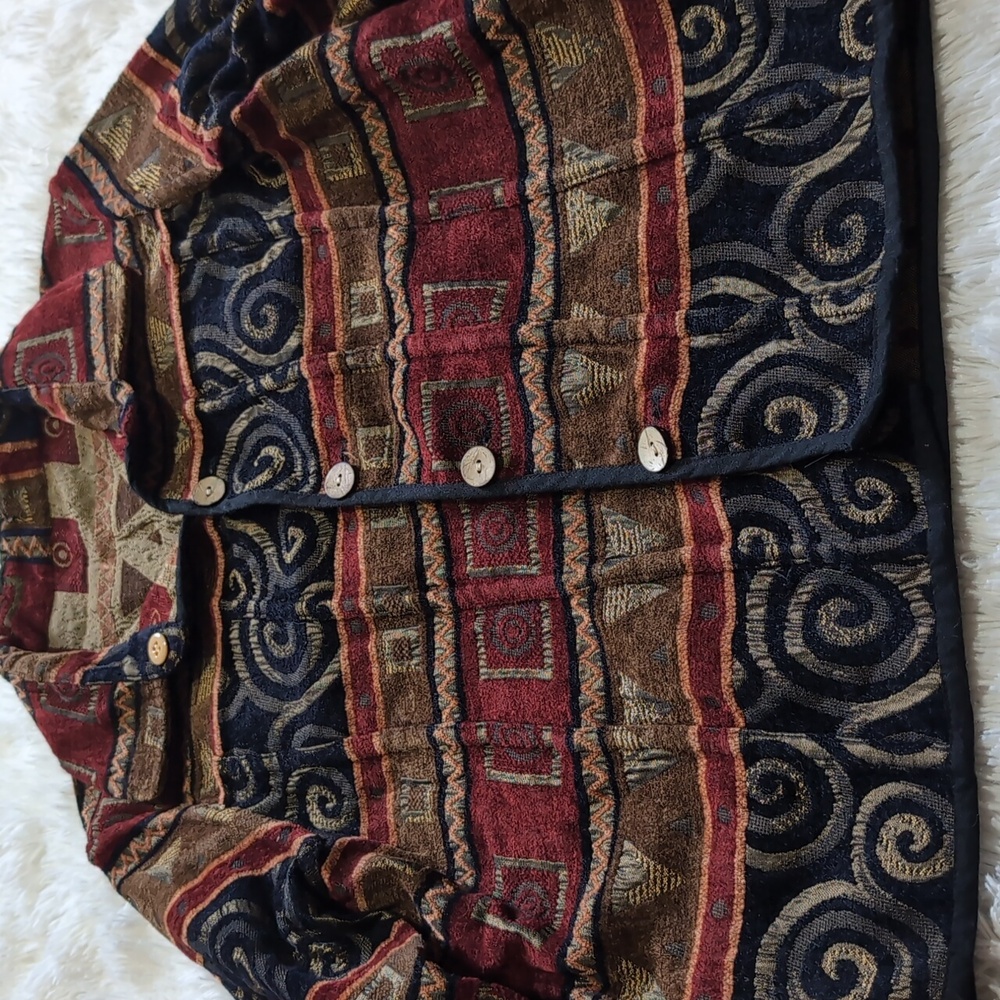 90s Vintage Reversible Red, Black, & Tan Corduroy Tapestry Button Down Jacket - Picture 5 of 12